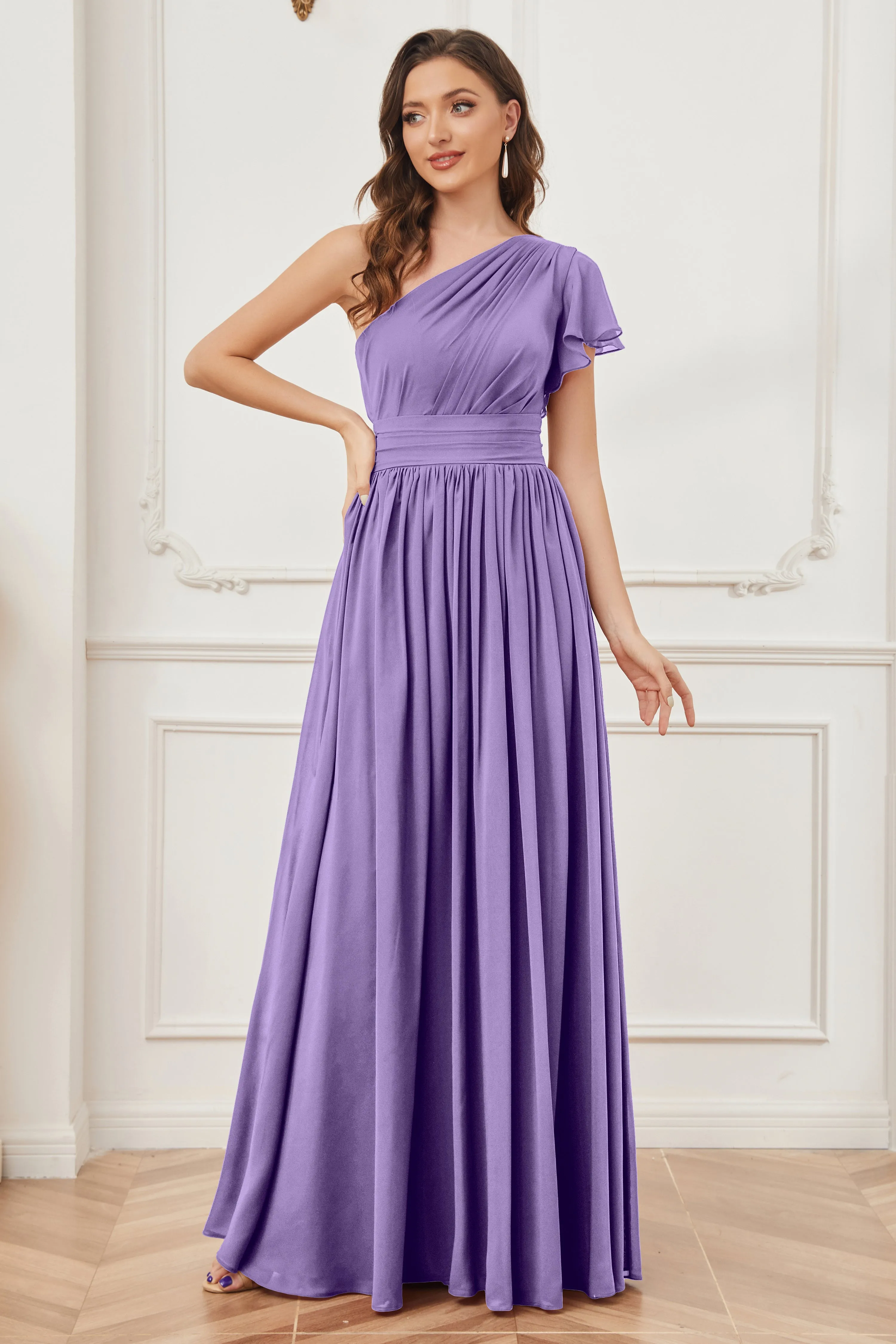 One Shoulder Chiffon Long Bridesmaid Dresses