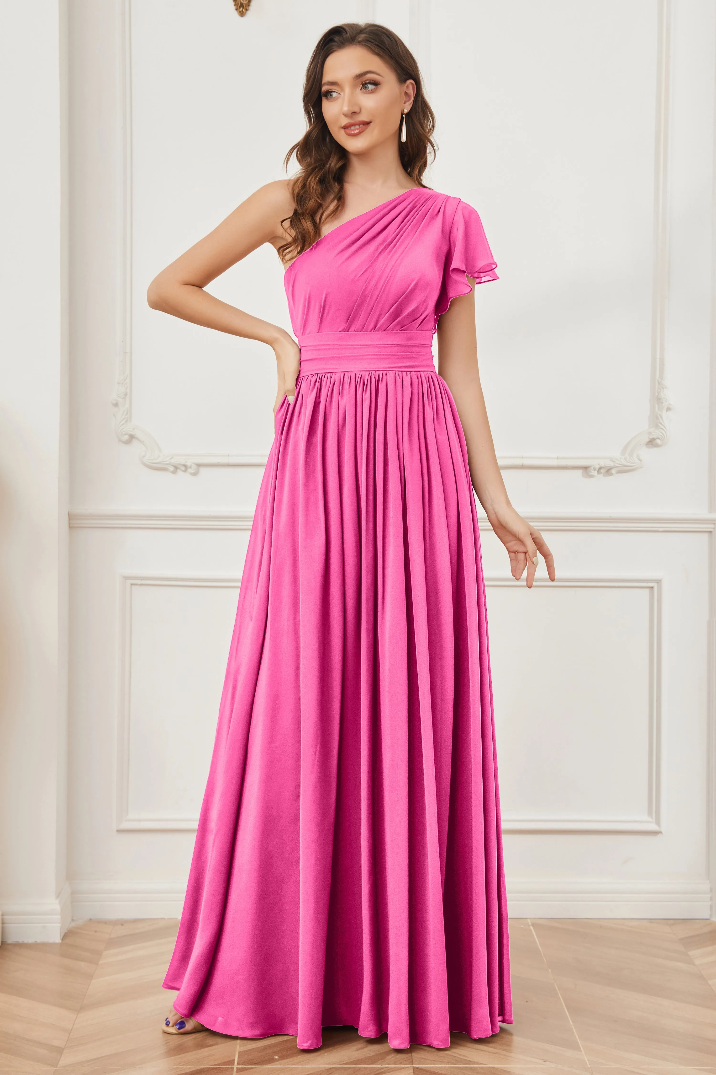 One Shoulder Chiffon Long Bridesmaid Dresses