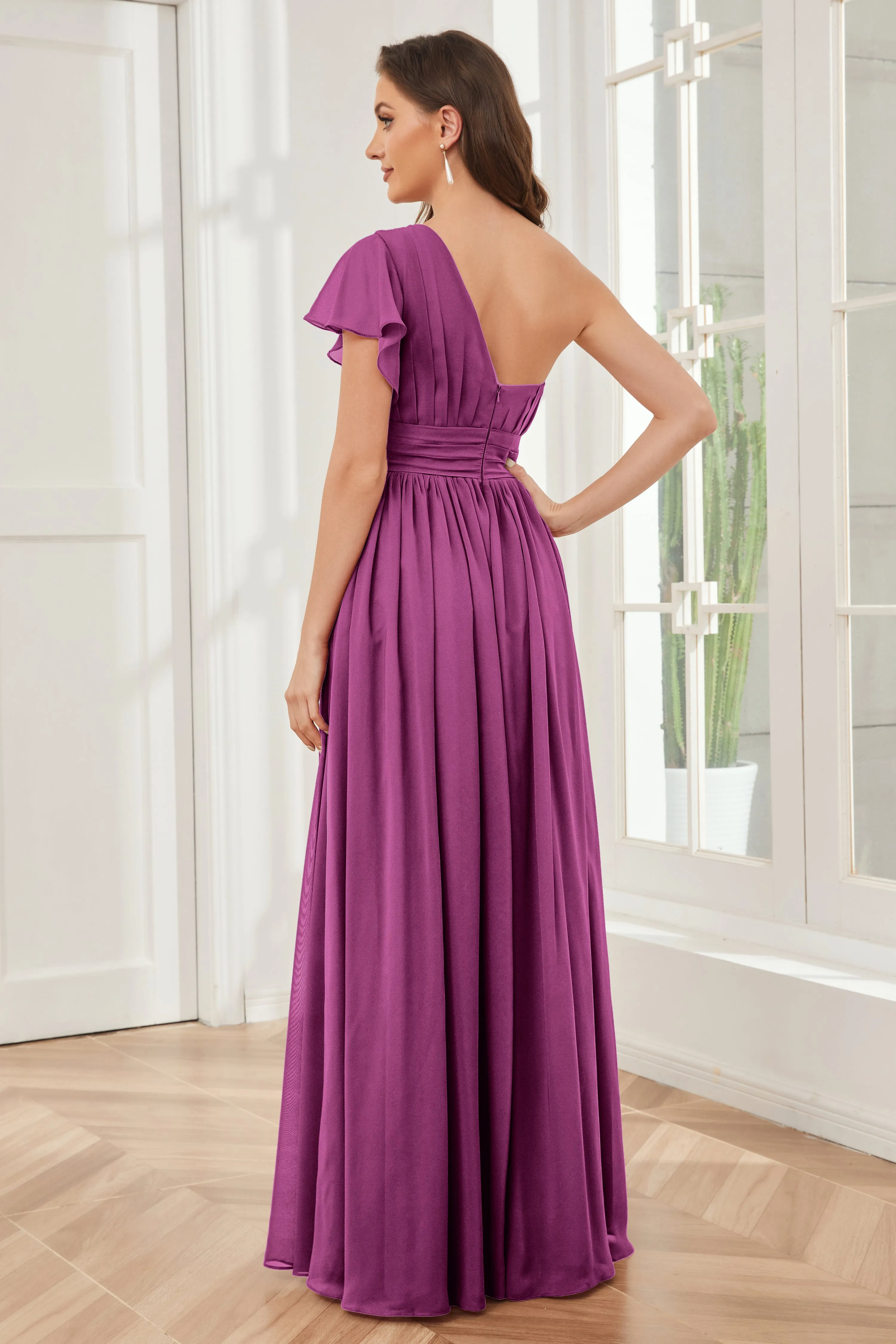 One Shoulder Chiffon Long Bridesmaid Dresses