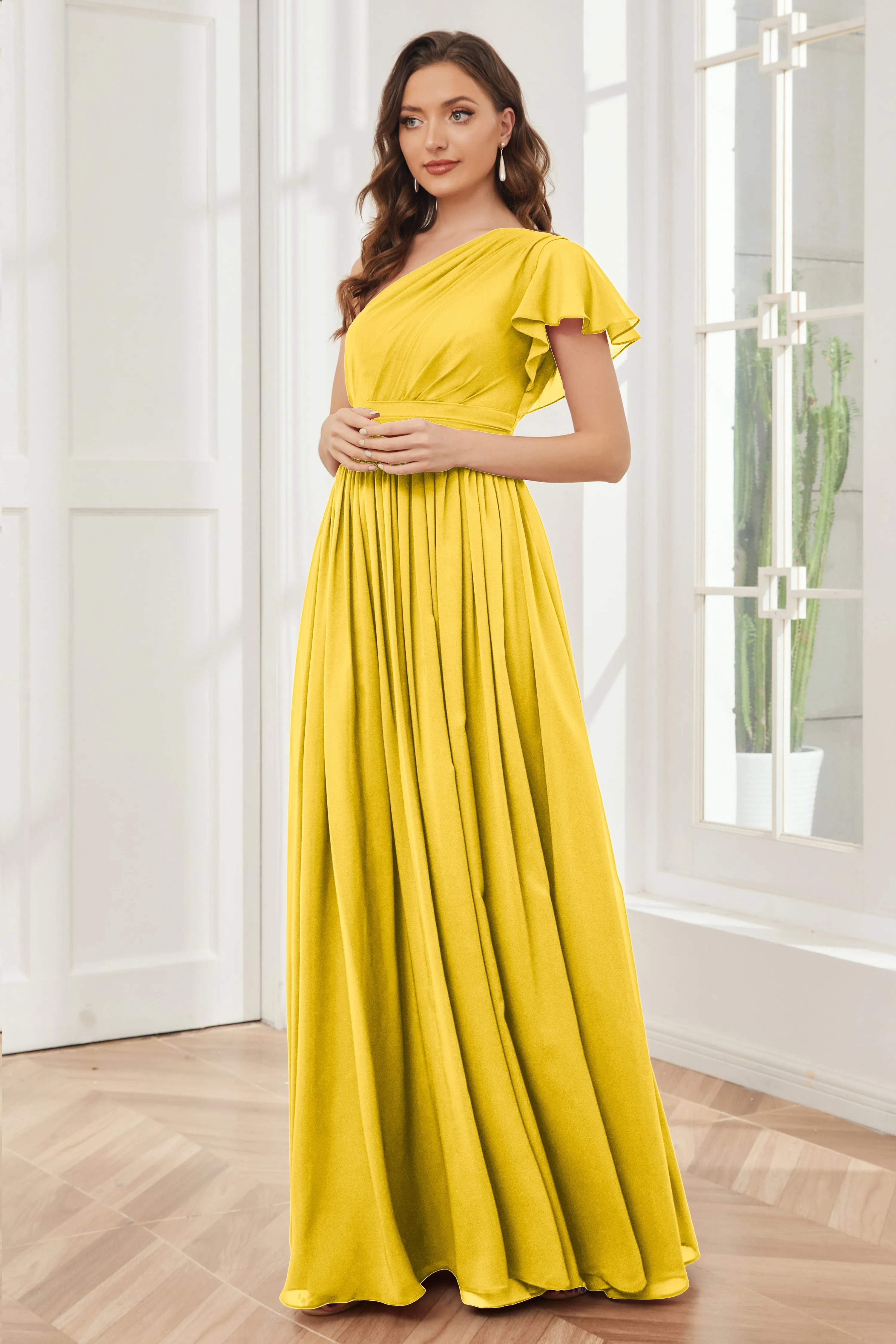 One Shoulder Chiffon Long Bridesmaid Dresses