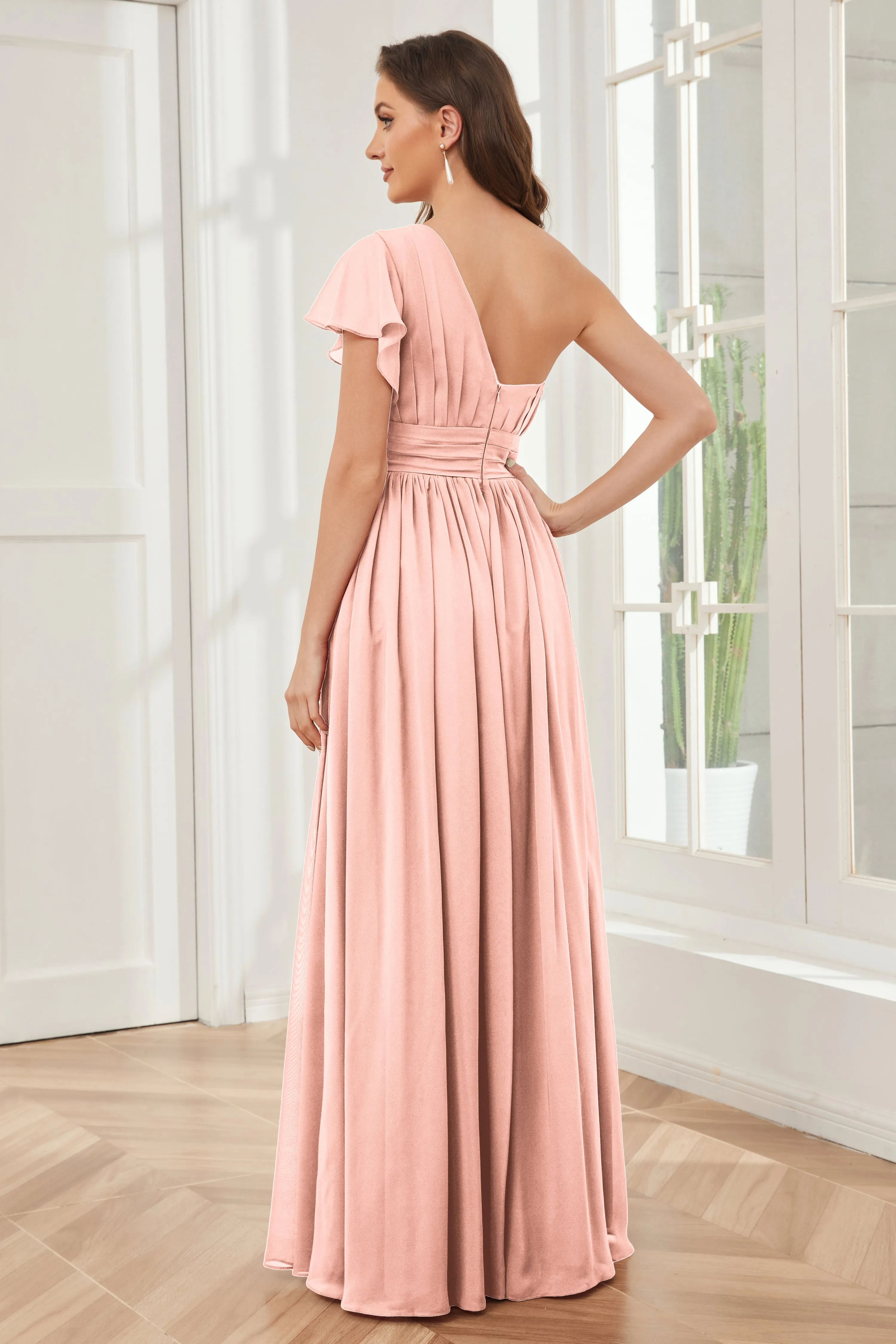One Shoulder Chiffon Long Bridesmaid Dresses