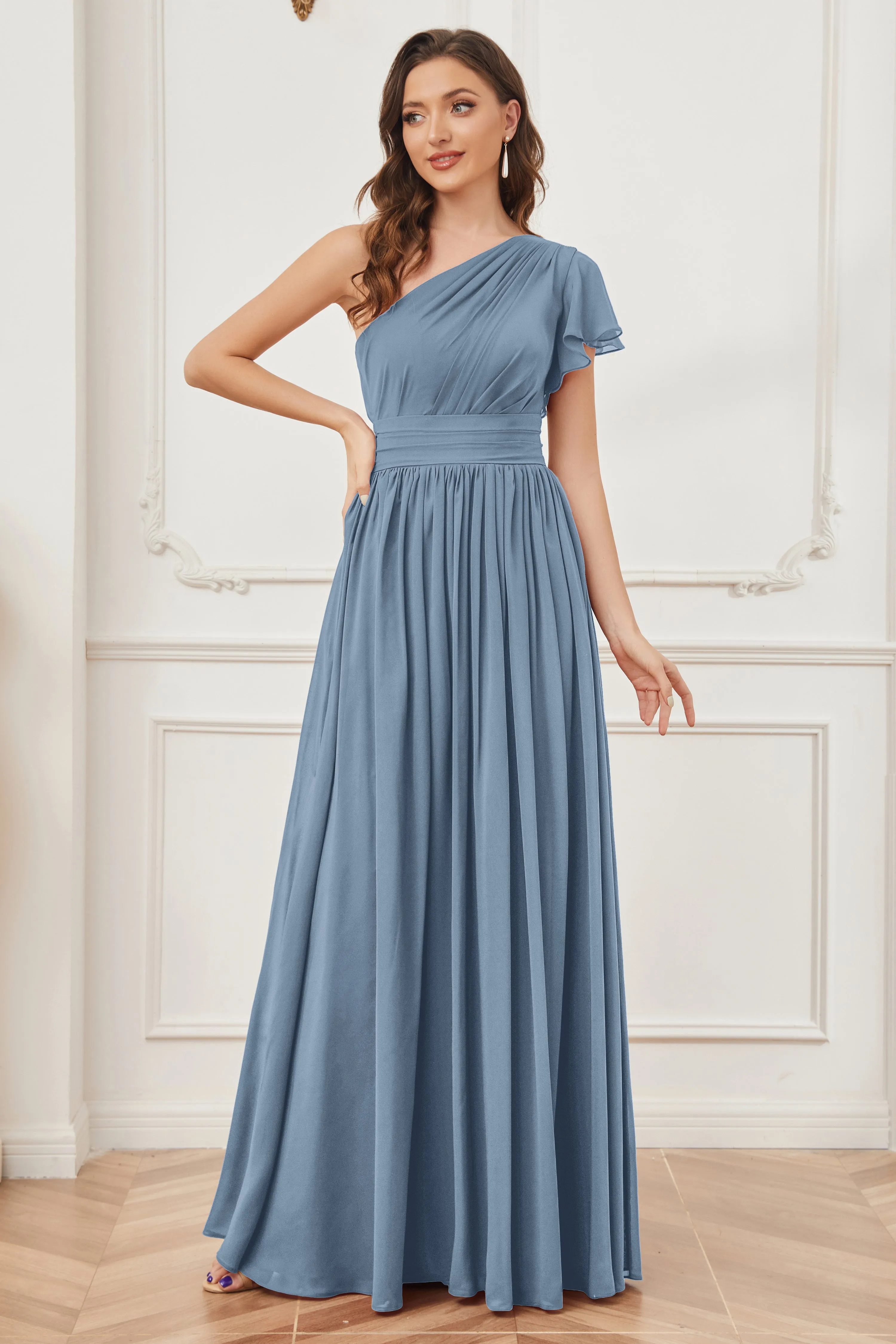 One Shoulder Chiffon Long Bridesmaid Dresses