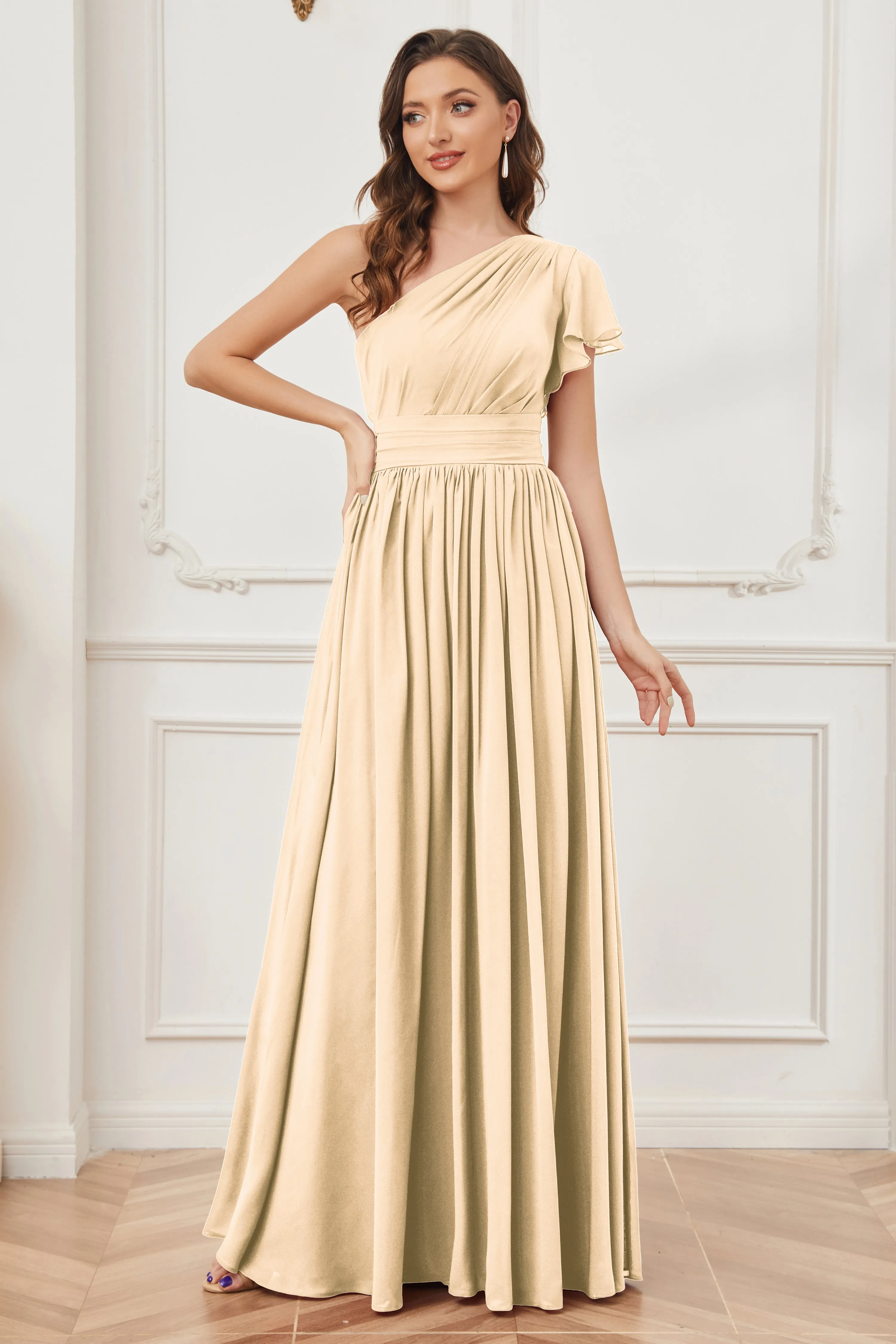 One Shoulder Chiffon Long Bridesmaid Dresses