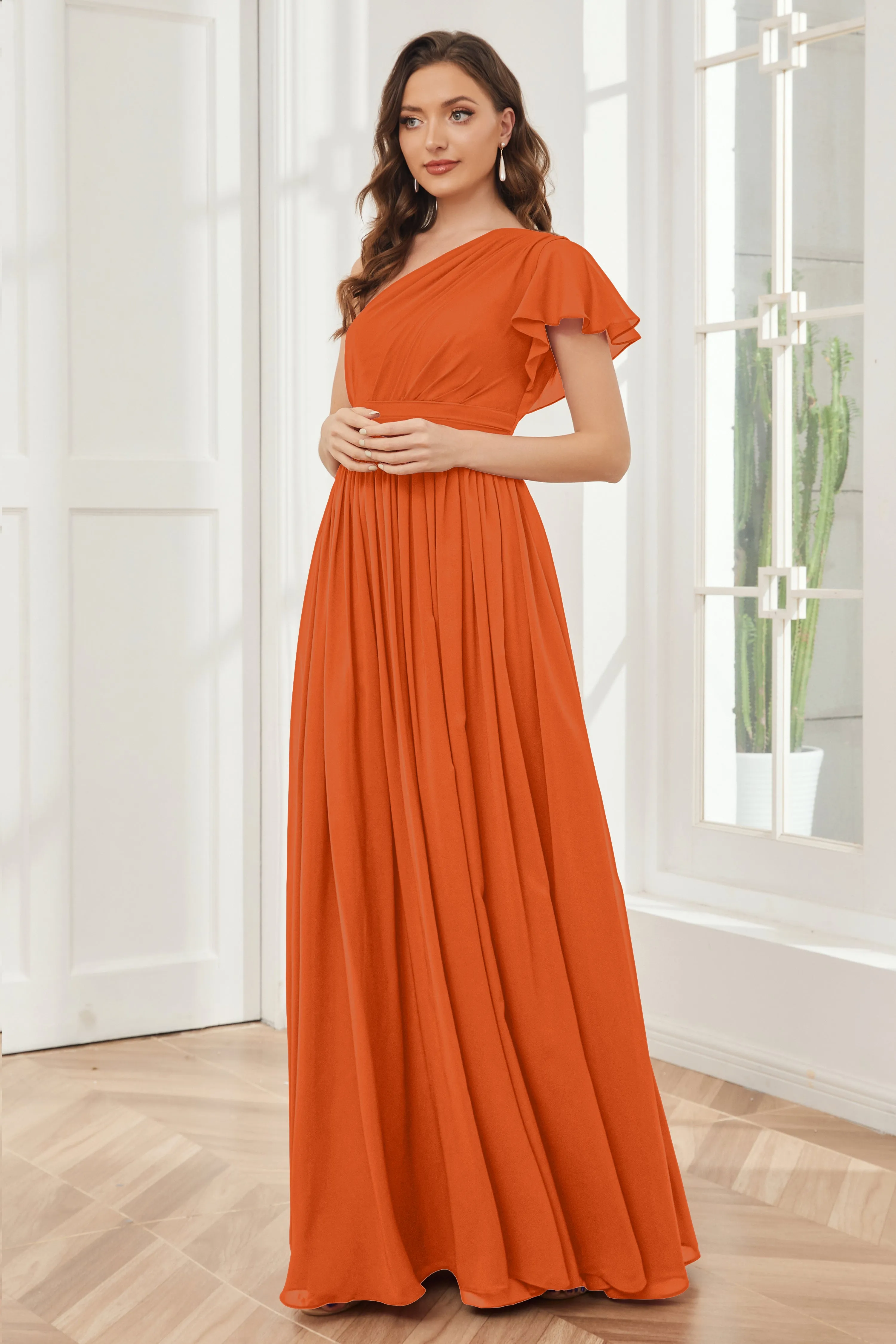 One Shoulder Chiffon Long Bridesmaid Dresses