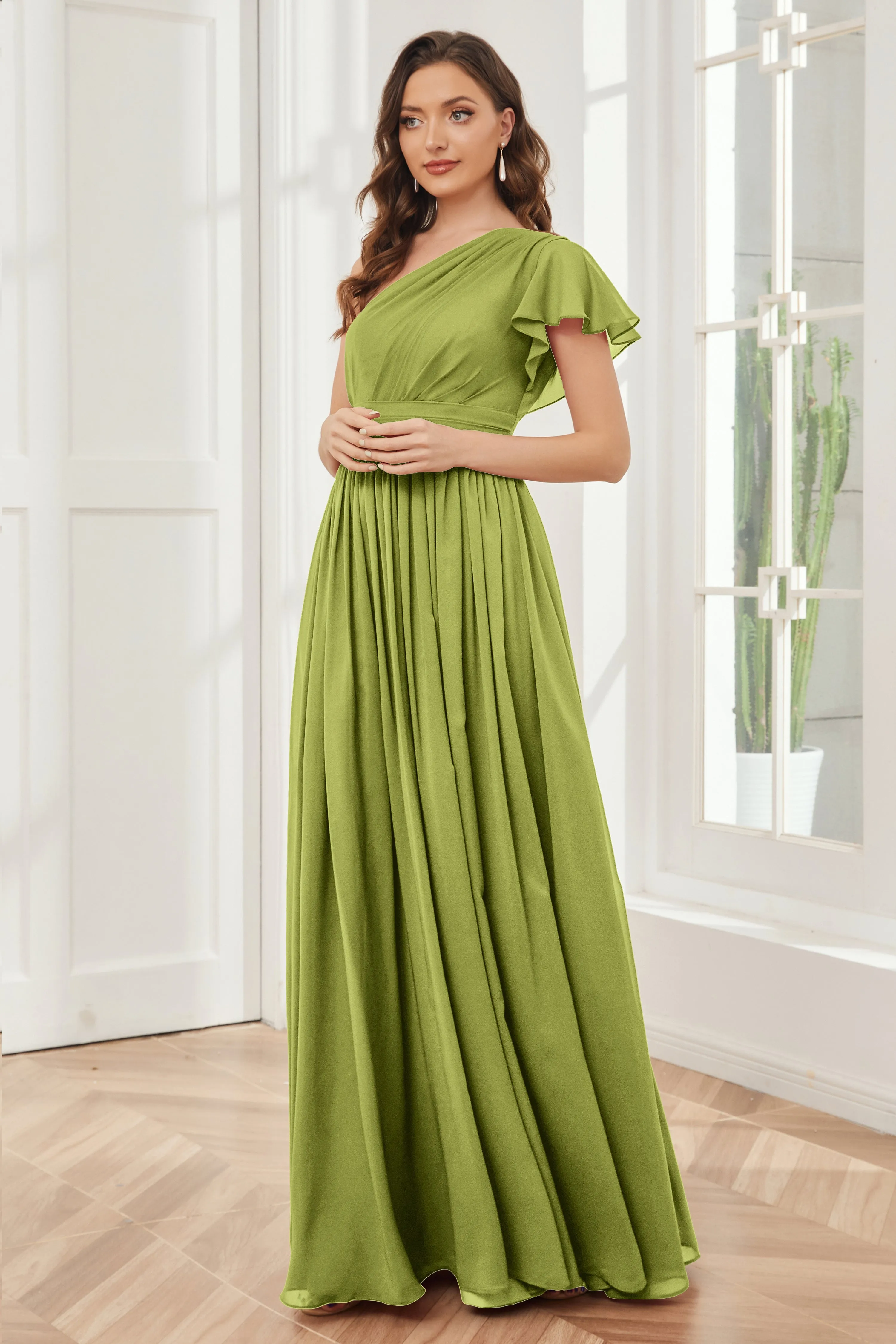 One Shoulder Chiffon Long Bridesmaid Dresses