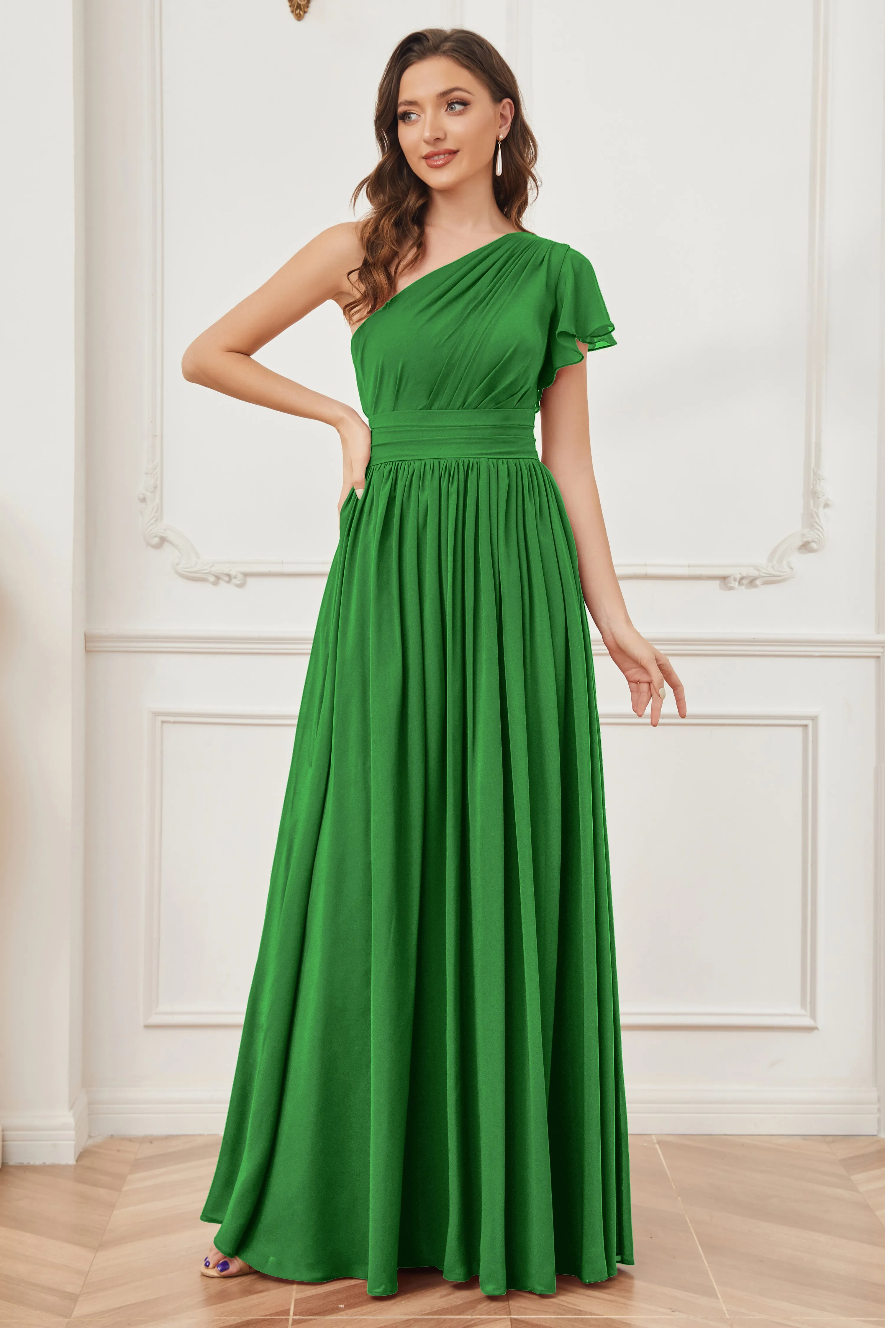 One Shoulder Chiffon Long Bridesmaid Dresses
