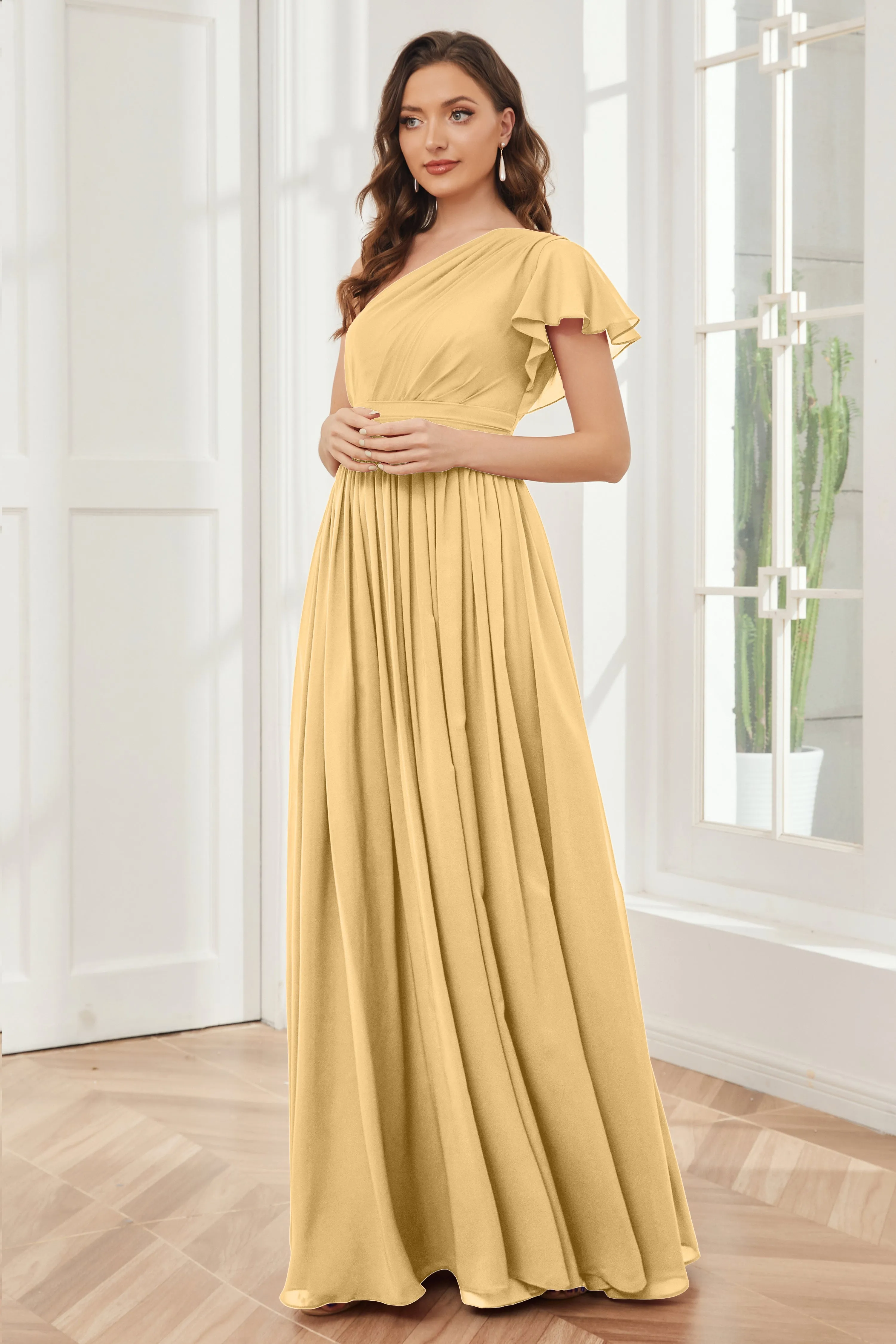 One Shoulder Chiffon Long Bridesmaid Dresses