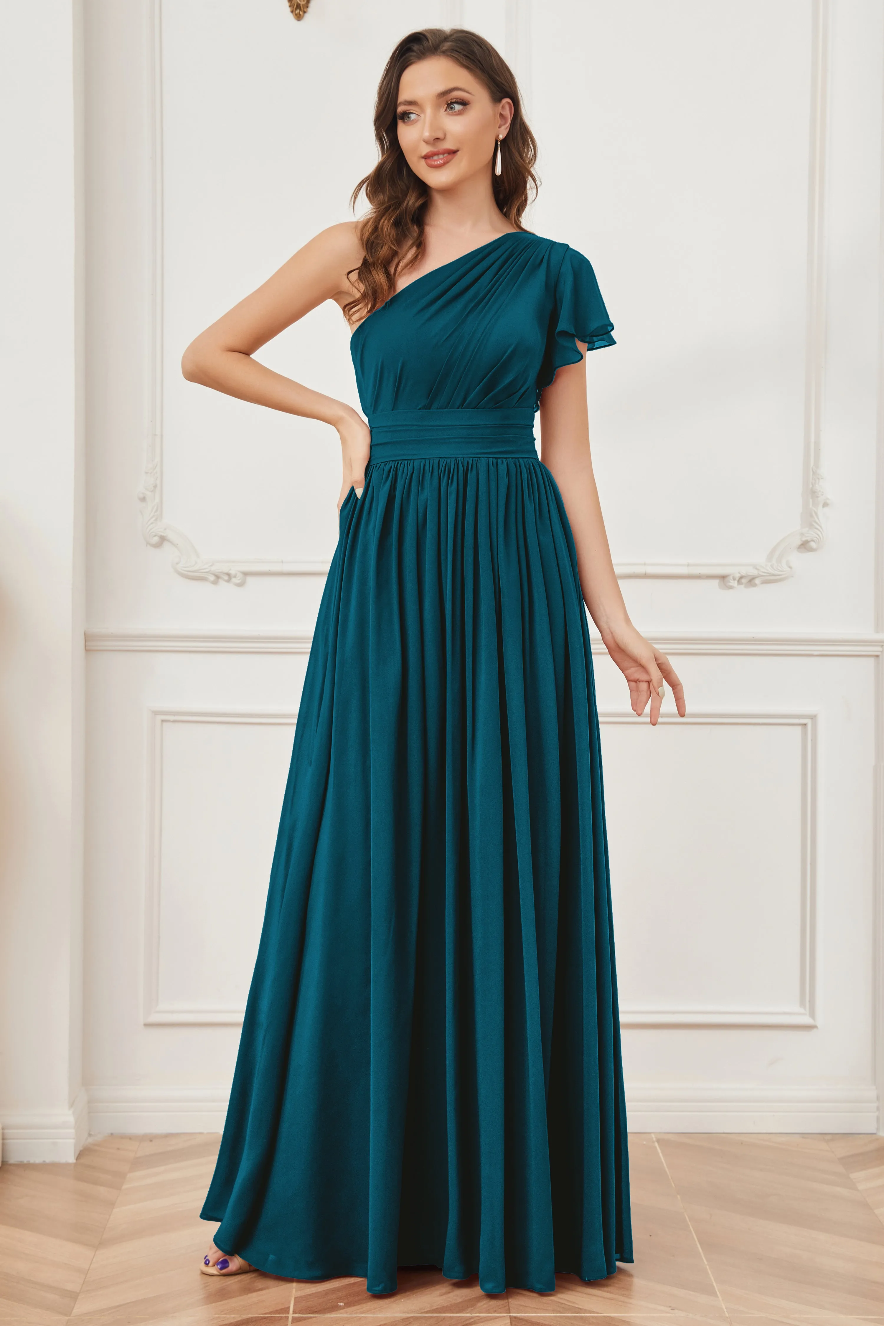 One Shoulder Chiffon Long Bridesmaid Dresses