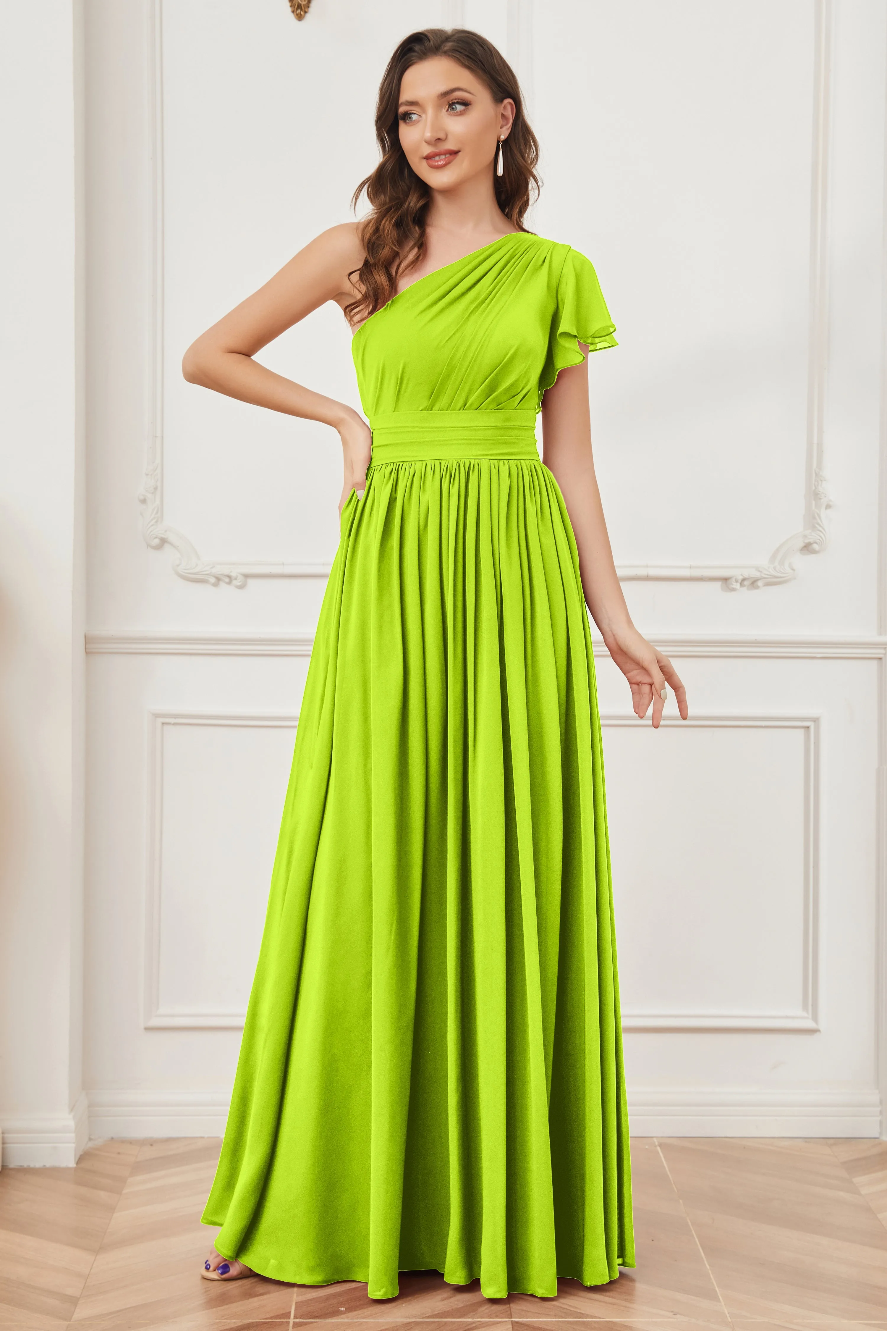 One Shoulder Chiffon Long Bridesmaid Dresses