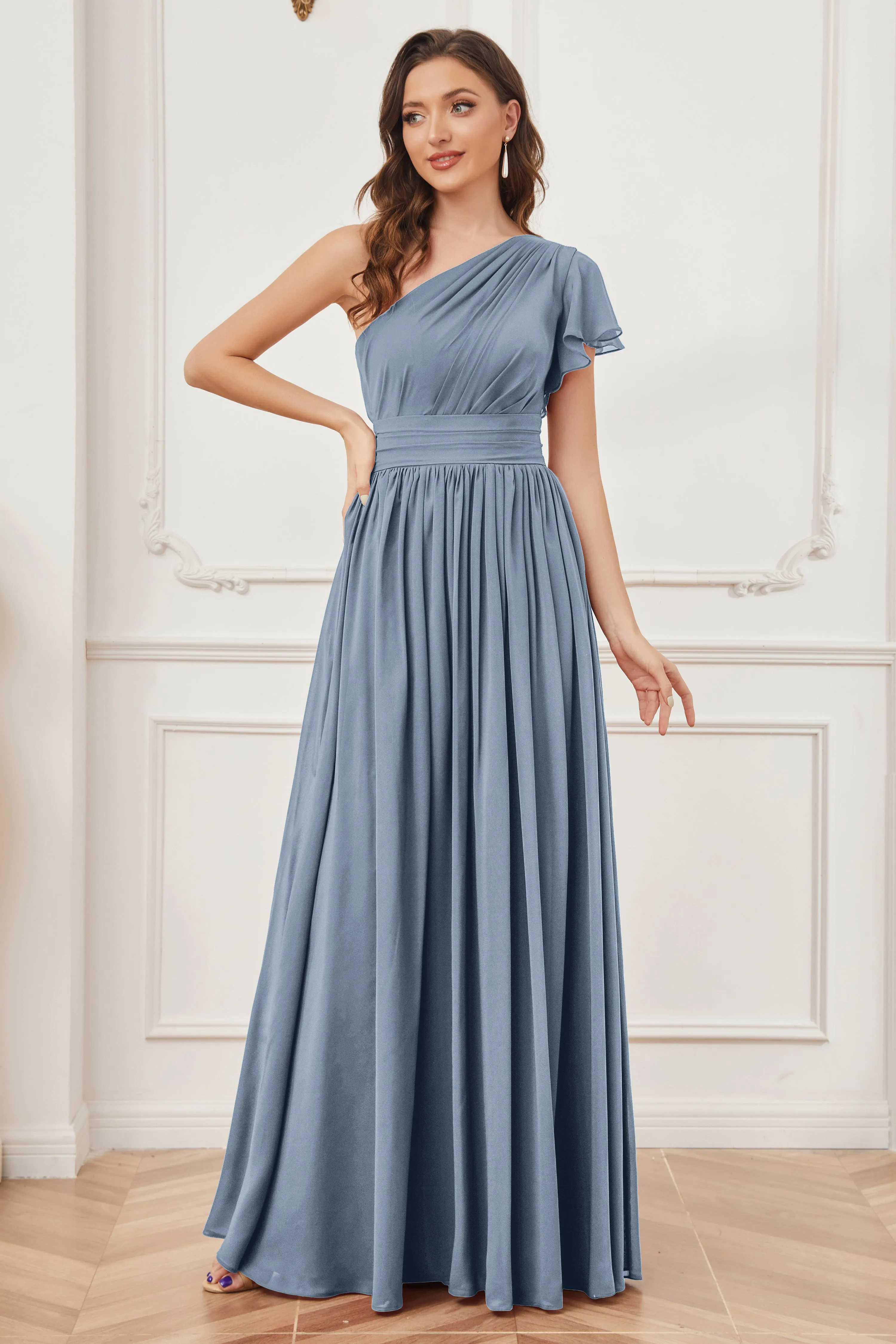 One Shoulder Chiffon Long Bridesmaid Dresses