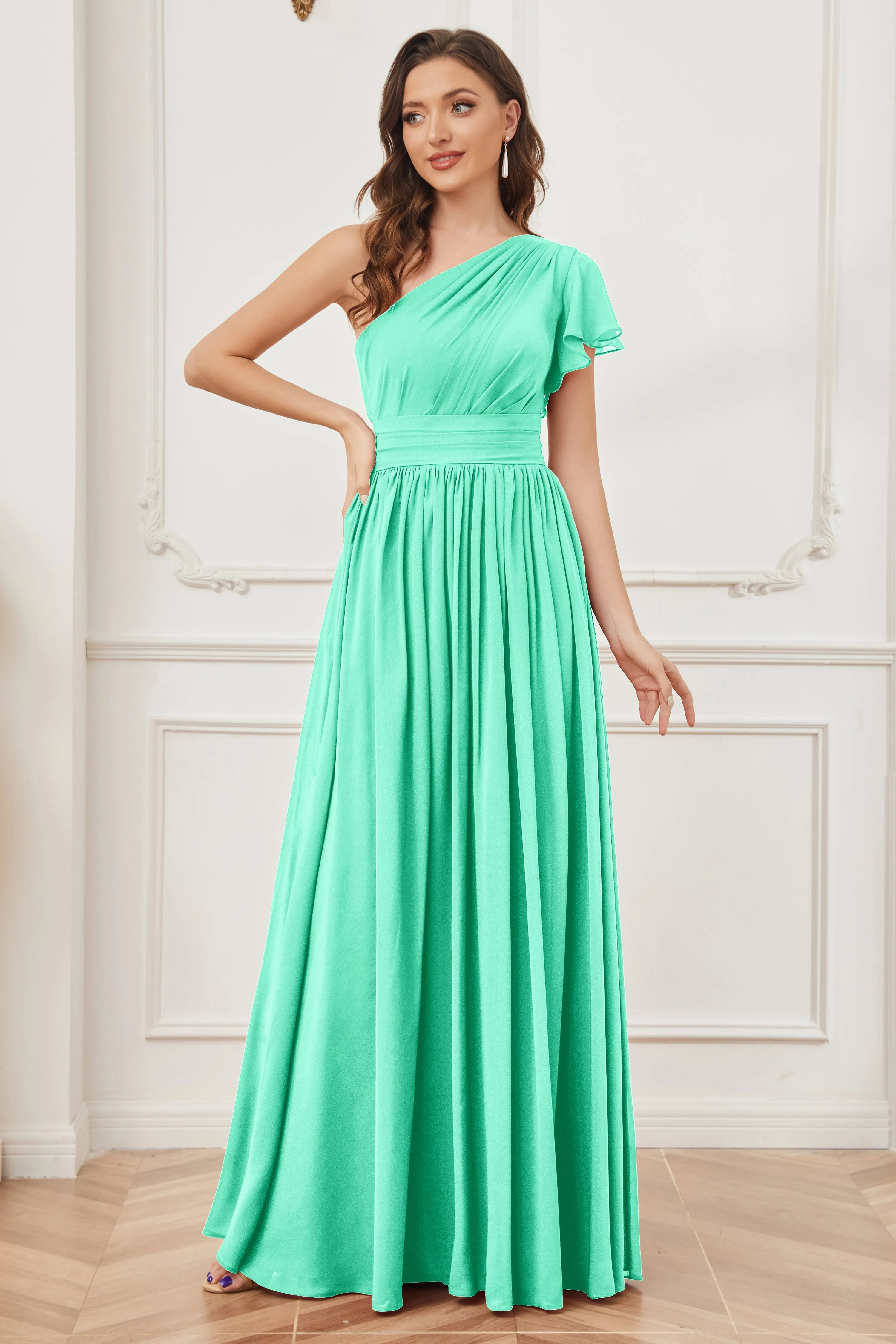 One Shoulder Chiffon Long Bridesmaid Dresses