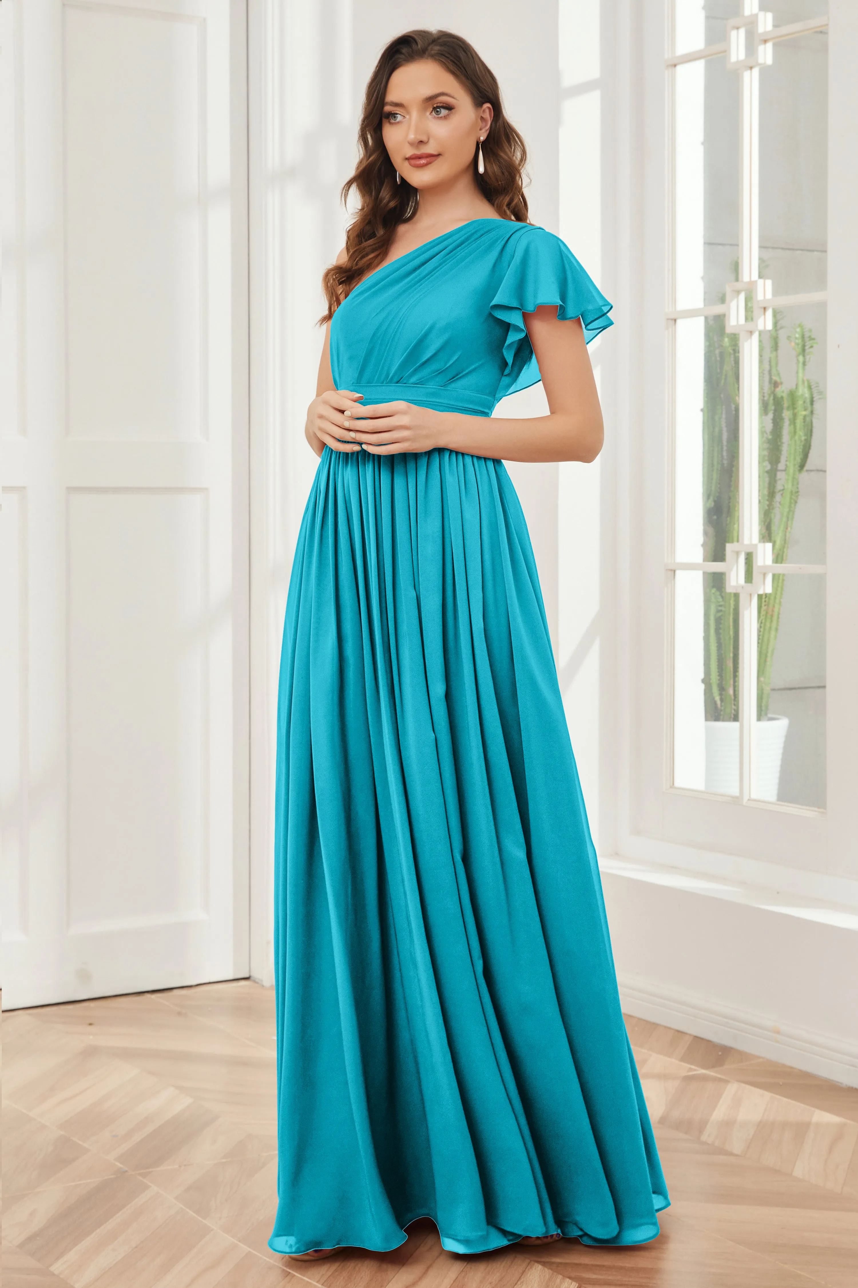 One Shoulder Chiffon Long Bridesmaid Dresses