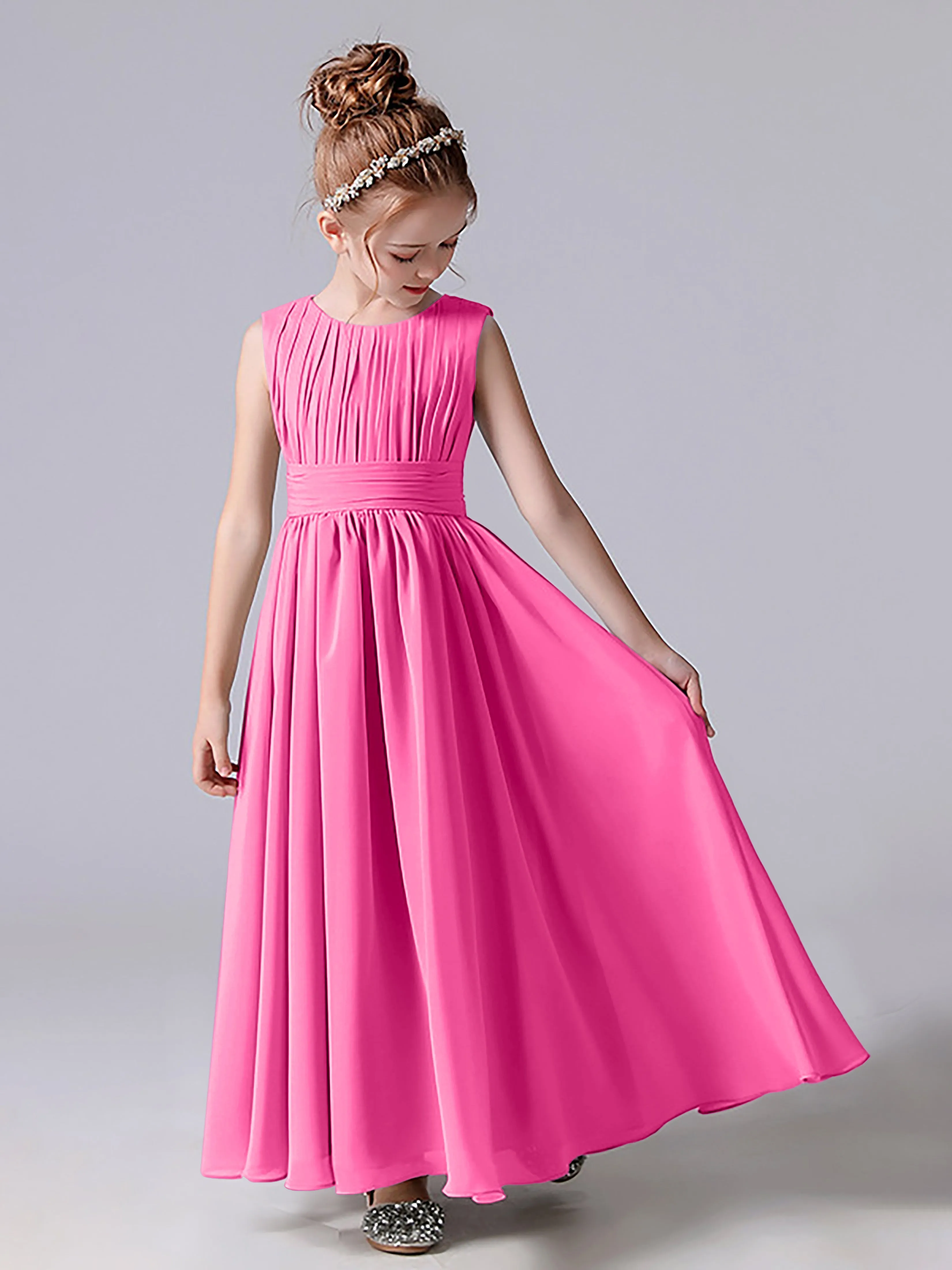 Pleats Scoop Sleeveless Junior Bridesmaid Dress