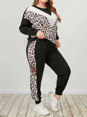 Plus Size Leopard Sweatshirt And Sweatpants Set