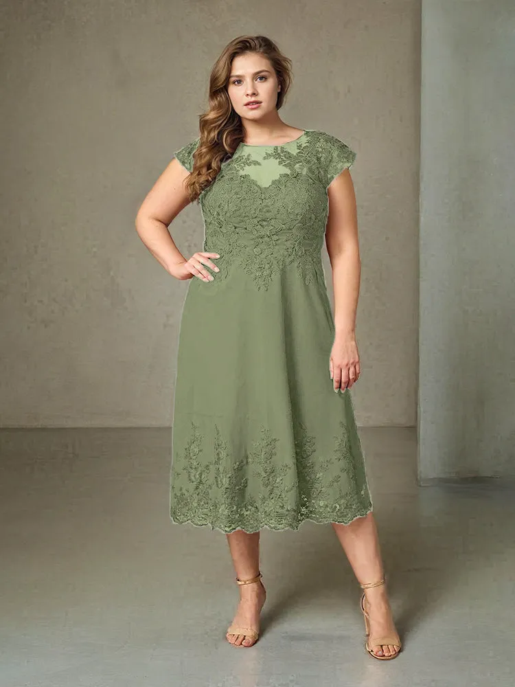 Plus Size Tea Length Lace Appliques Chiffon Mother Of The Bride Dress