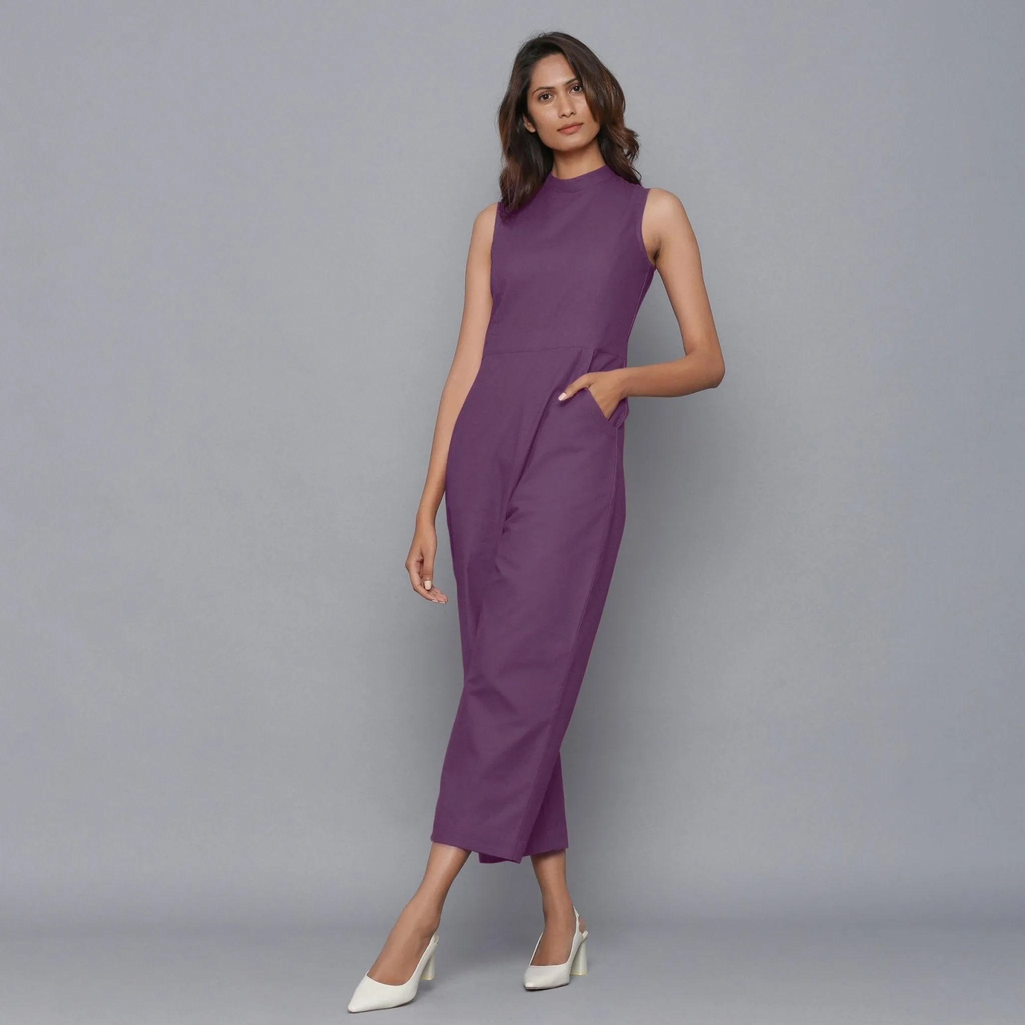 Purple Warm Cotton Flannel Princess Line Midi Jumpsuit