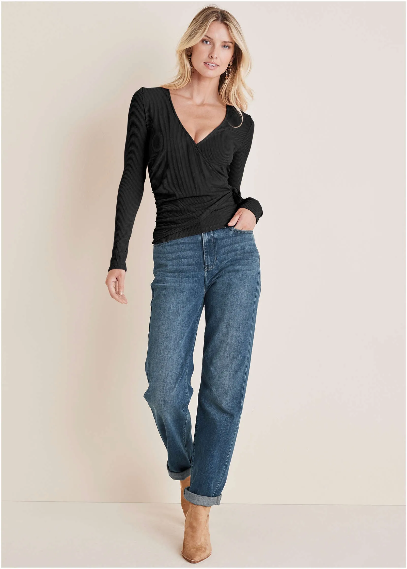 Ribbed Wrap Long Sleeve Top - Black