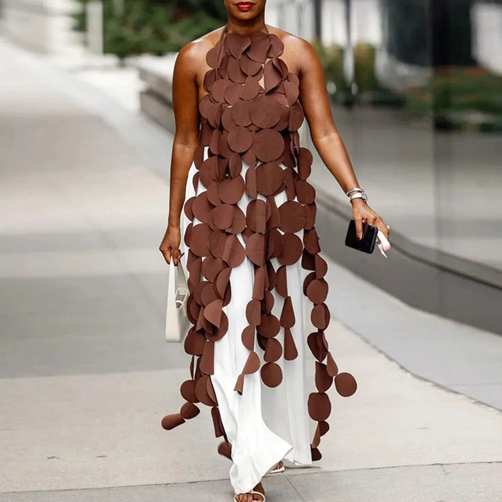 Solid Patchwork Lace Up Chic Loose Dresses For Women Halter Sleeveless High Waist Backless Sexy Dress Female Fashion Style