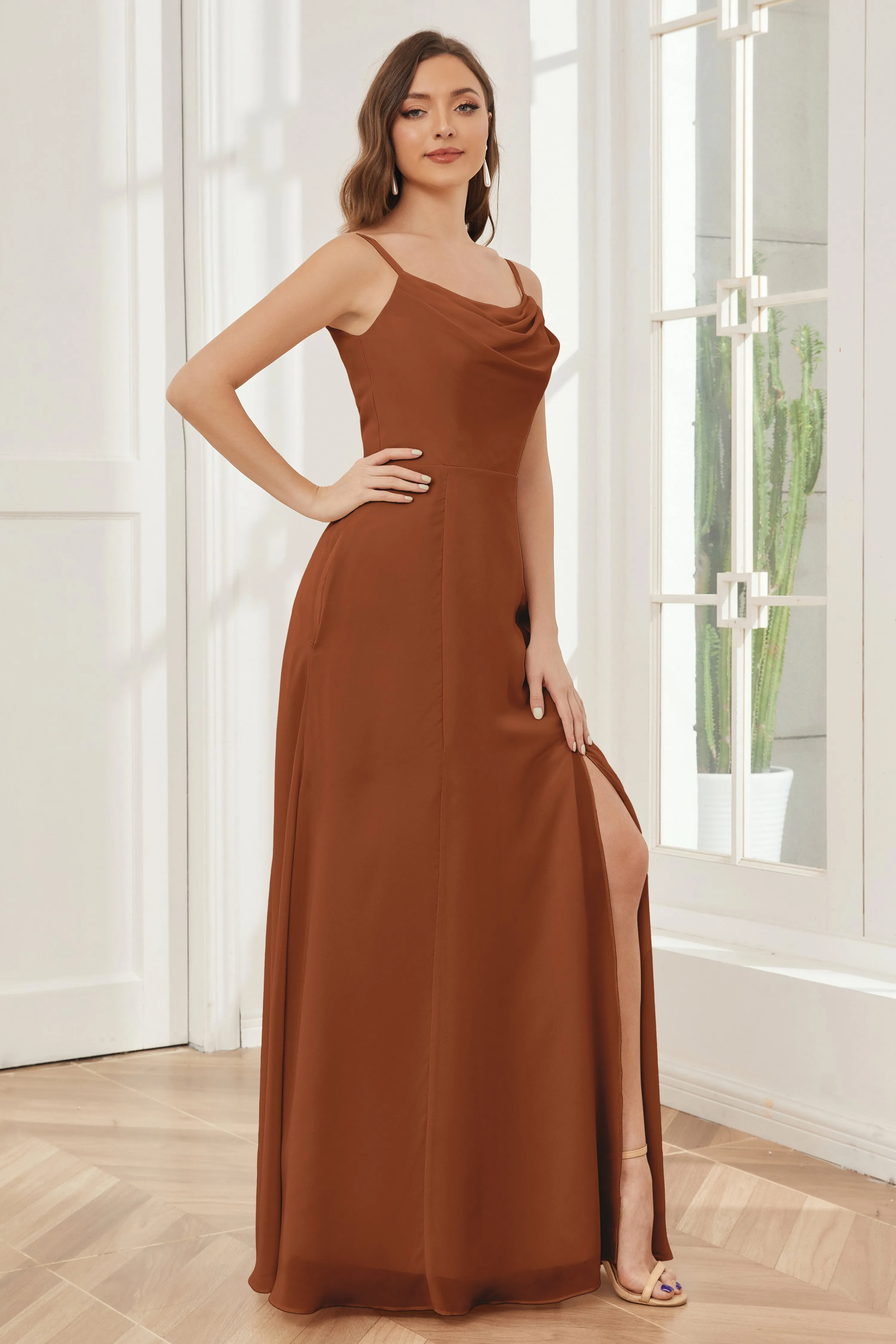Spaghetti Straps Chiffon Long Bridesmaid Dresses with Slit