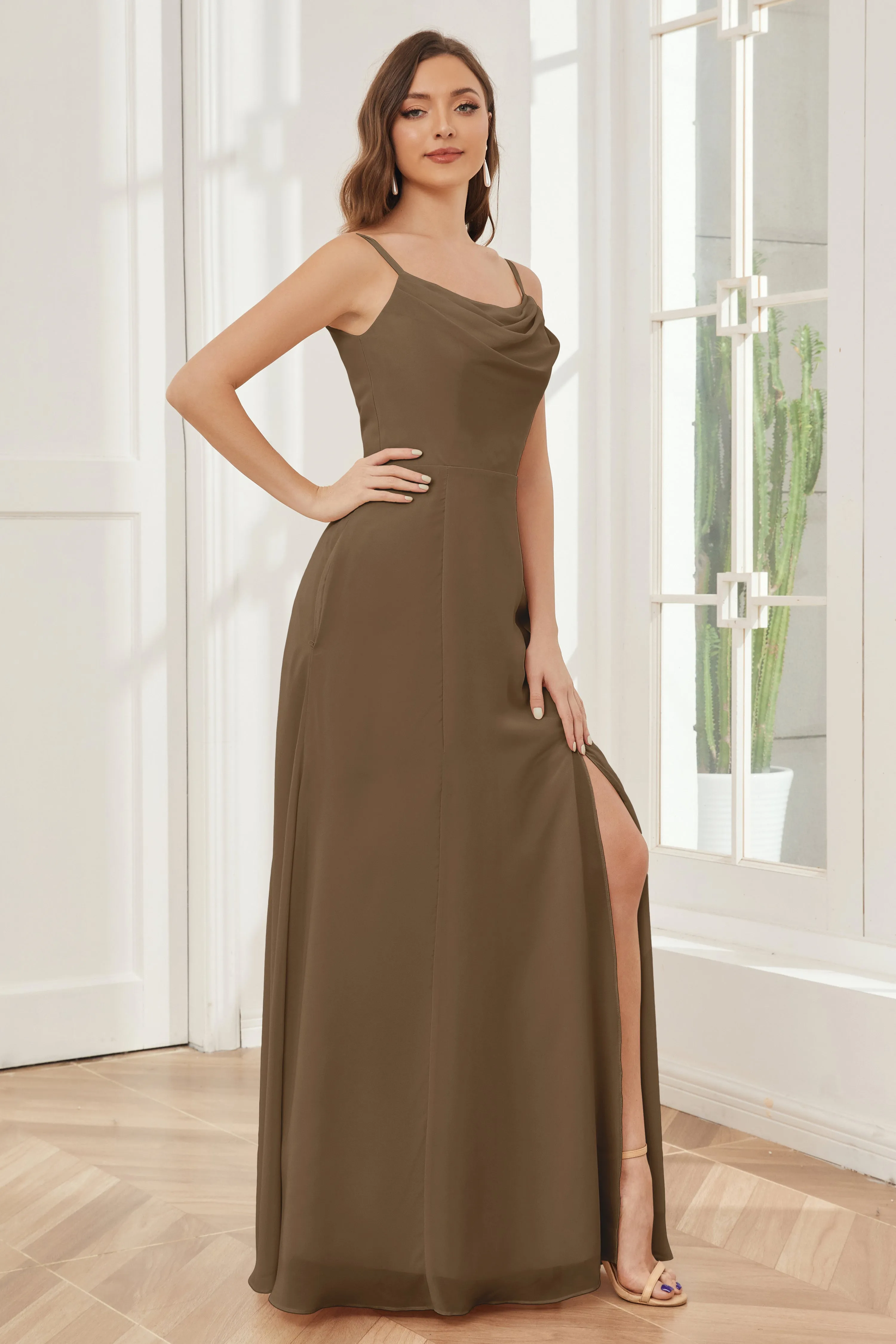 Spaghetti Straps Chiffon Long Bridesmaid Dresses with Slit