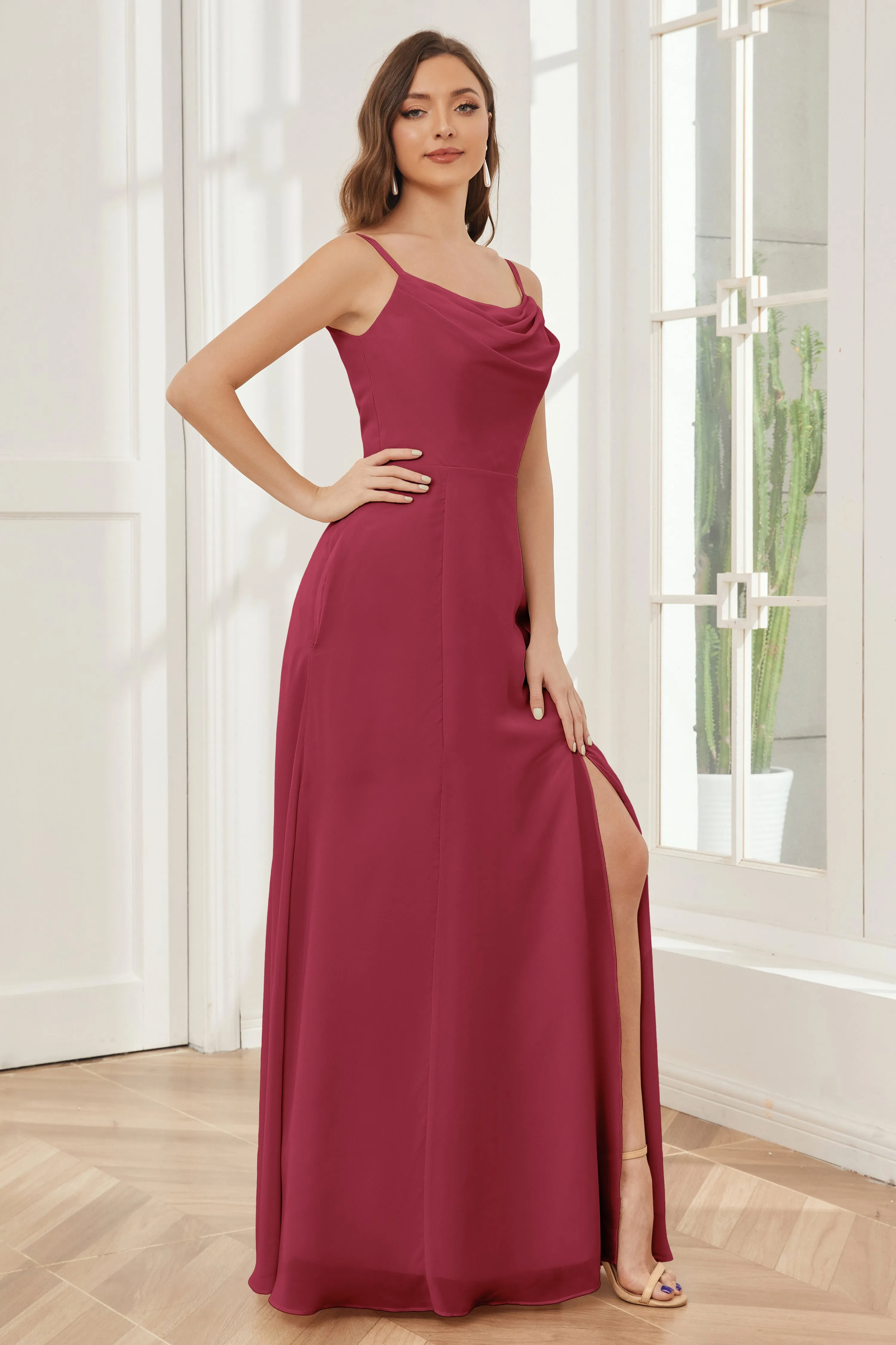 Spaghetti Straps Chiffon Long Bridesmaid Dresses with Slit