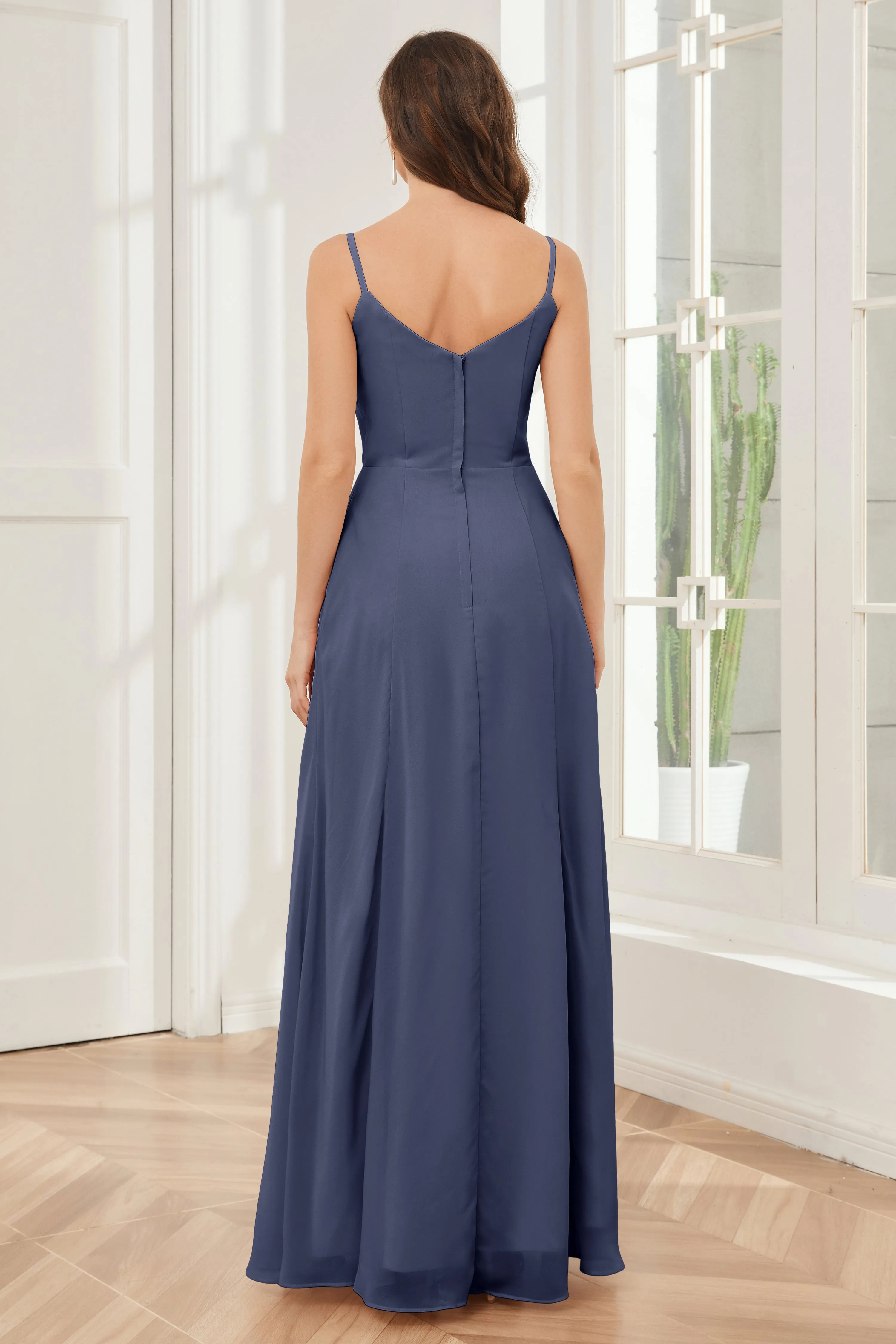 Spaghetti Straps Chiffon Long Bridesmaid Dresses with Slit