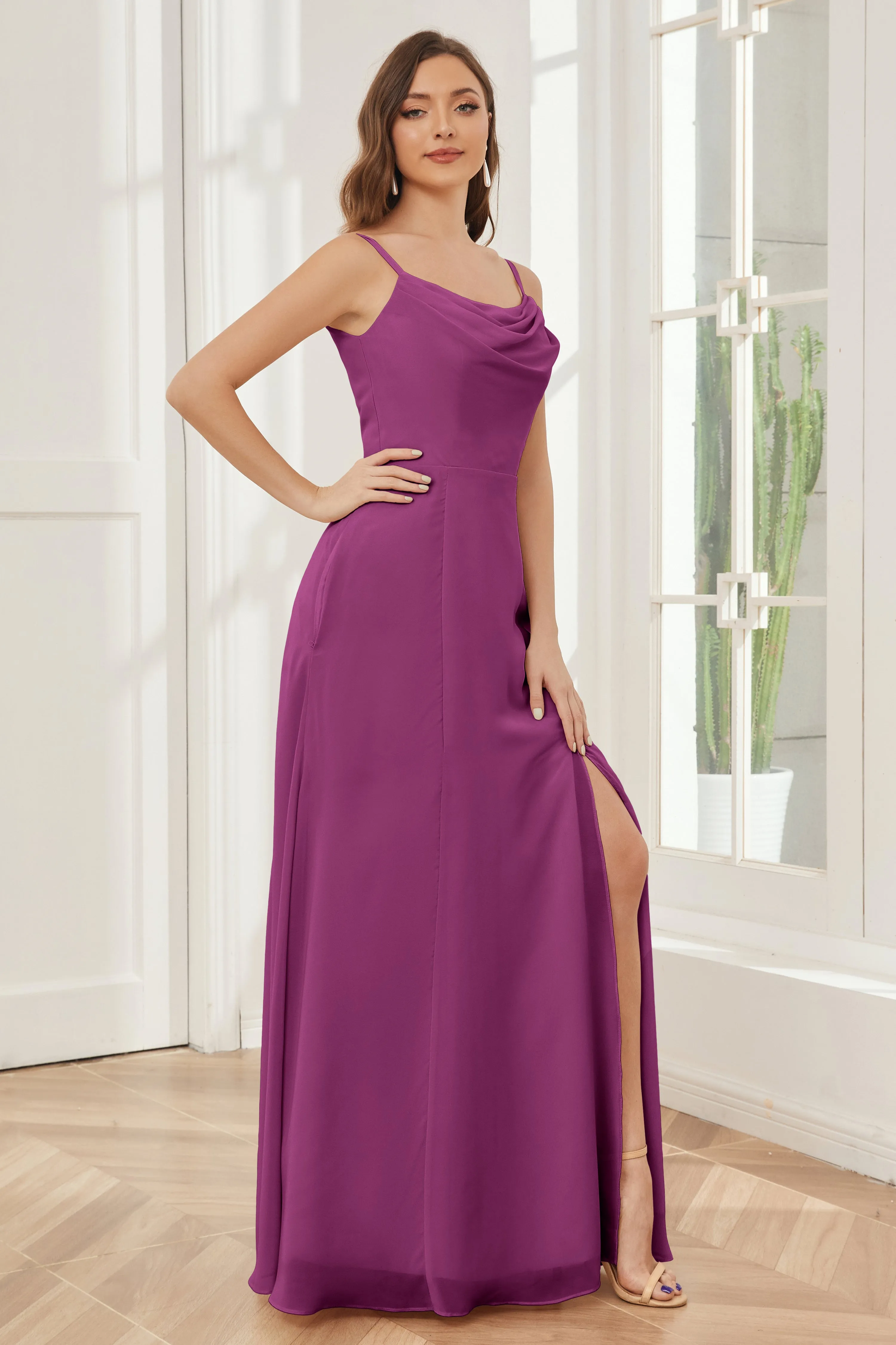 Spaghetti Straps Chiffon Long Bridesmaid Dresses with Slit