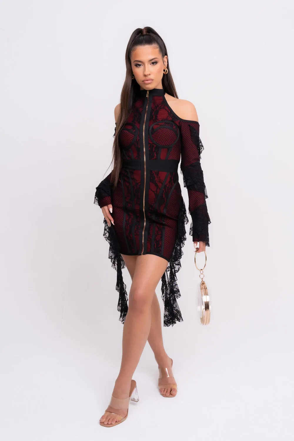 Stormy VIP Luxe Black and Red Ruffle Lace Bandage Bodycon Dress