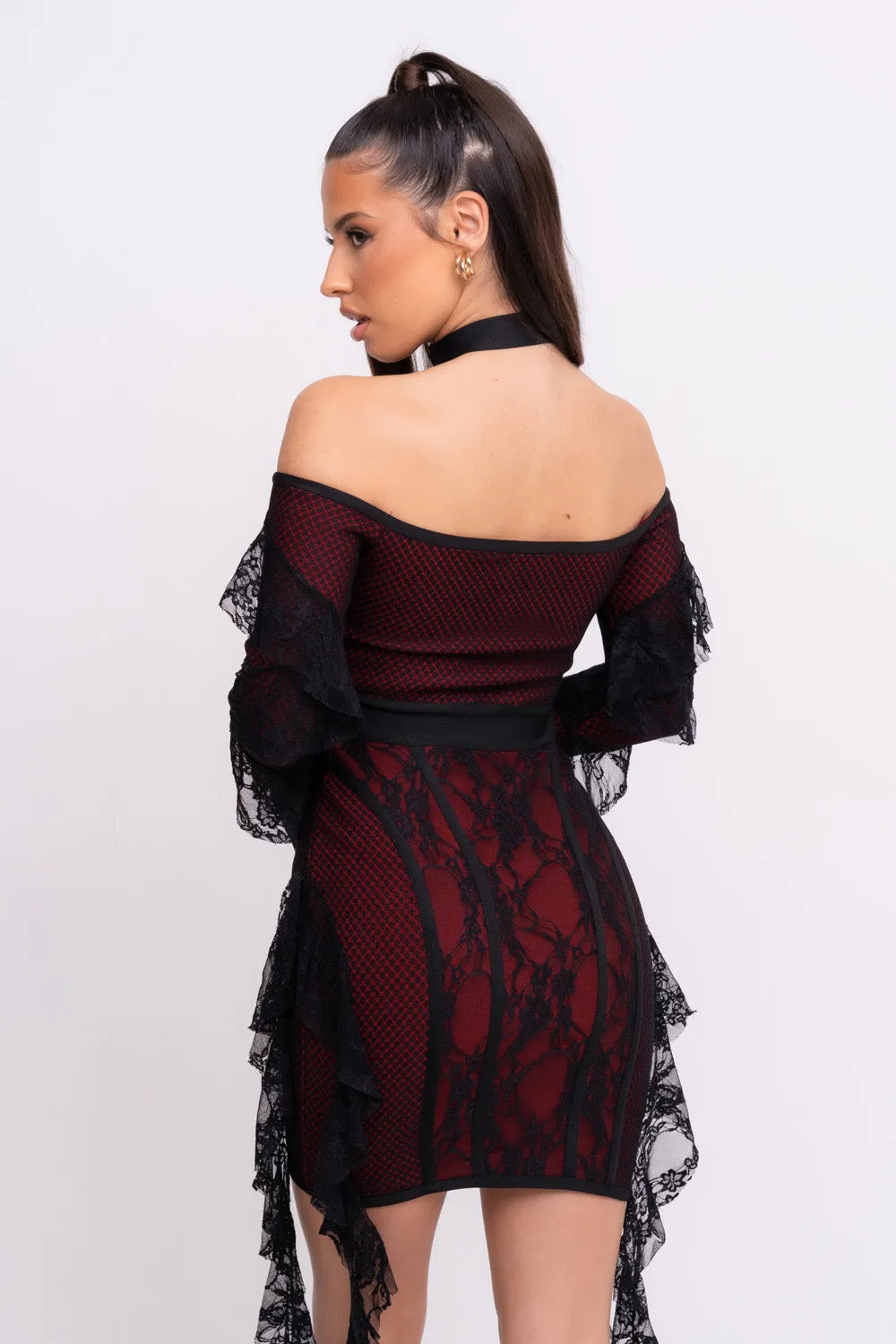 Stormy VIP Luxe Black and Red Ruffle Lace Bandage Bodycon Dress