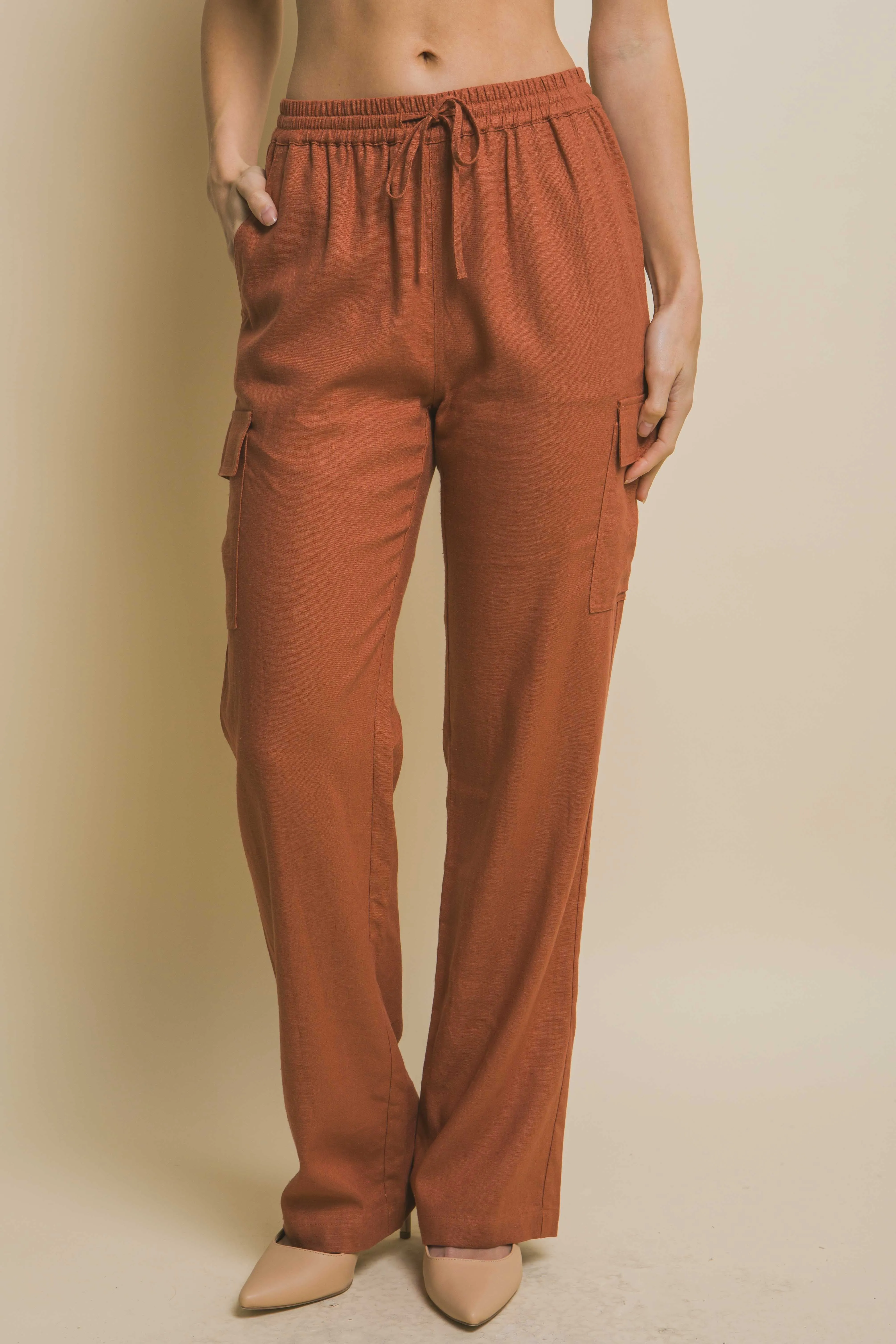 Terra Cotta Linen Straight Leg Cargo Pants