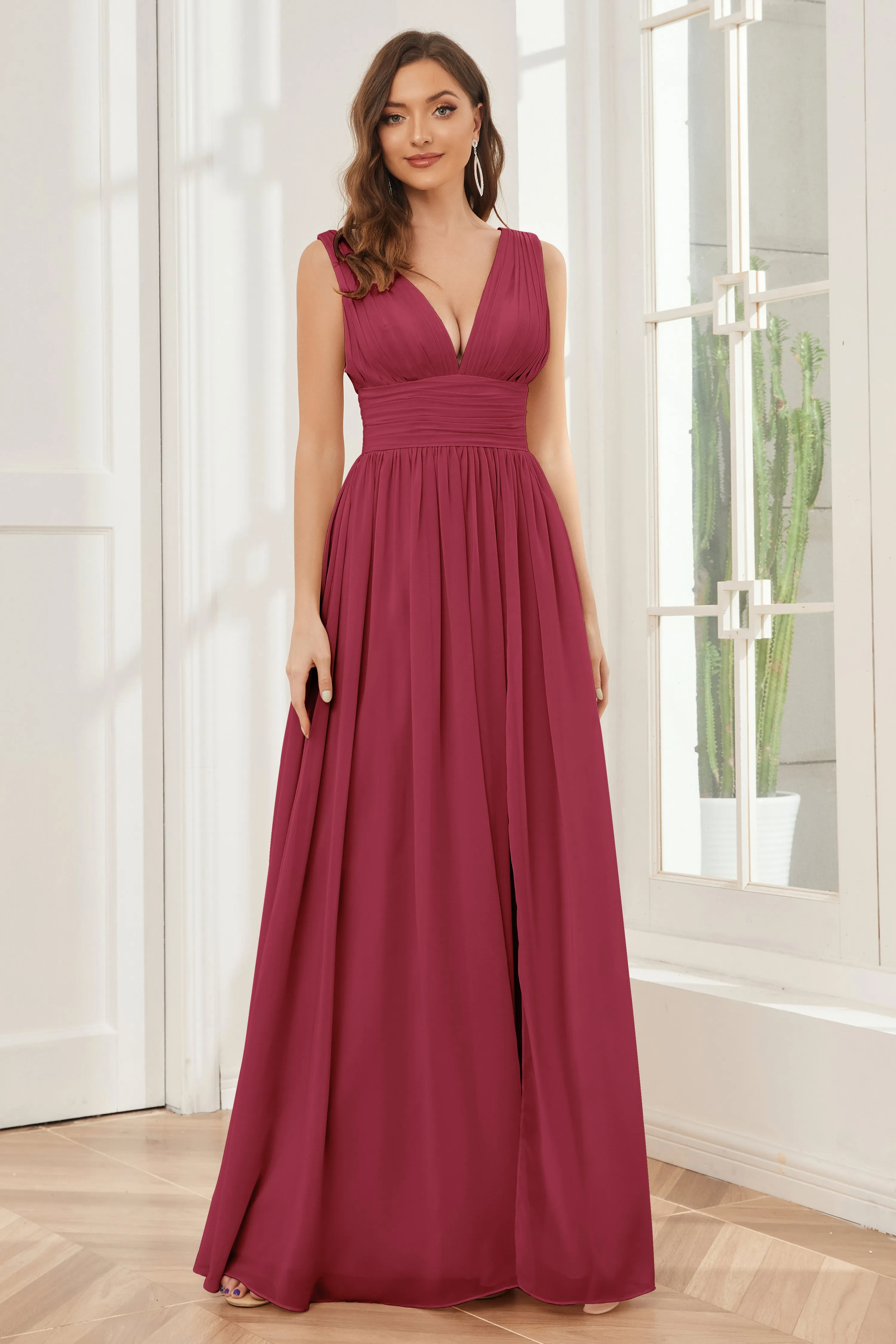 V-neck Split Chiffon Long Bridesmaid Dresses
