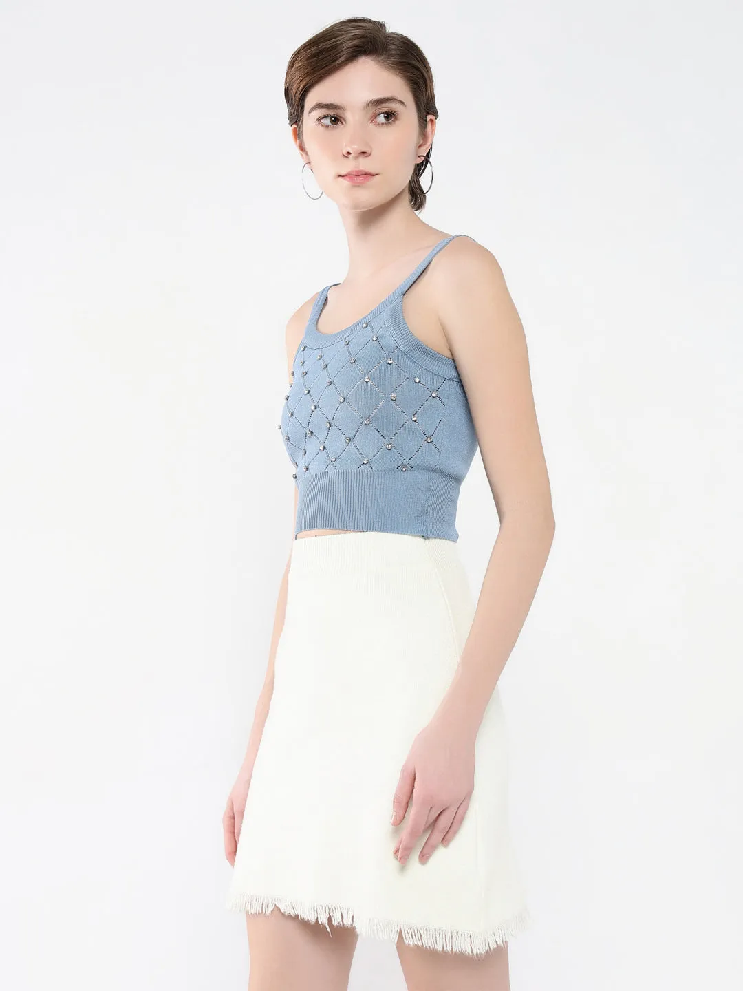Women Embellished Blue Tank Top