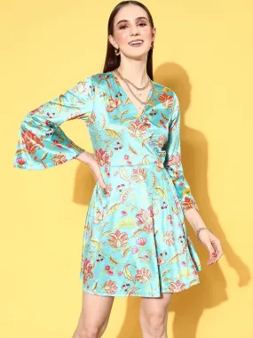 Women Turquoise Floral Velvet Wrap Skater Dress