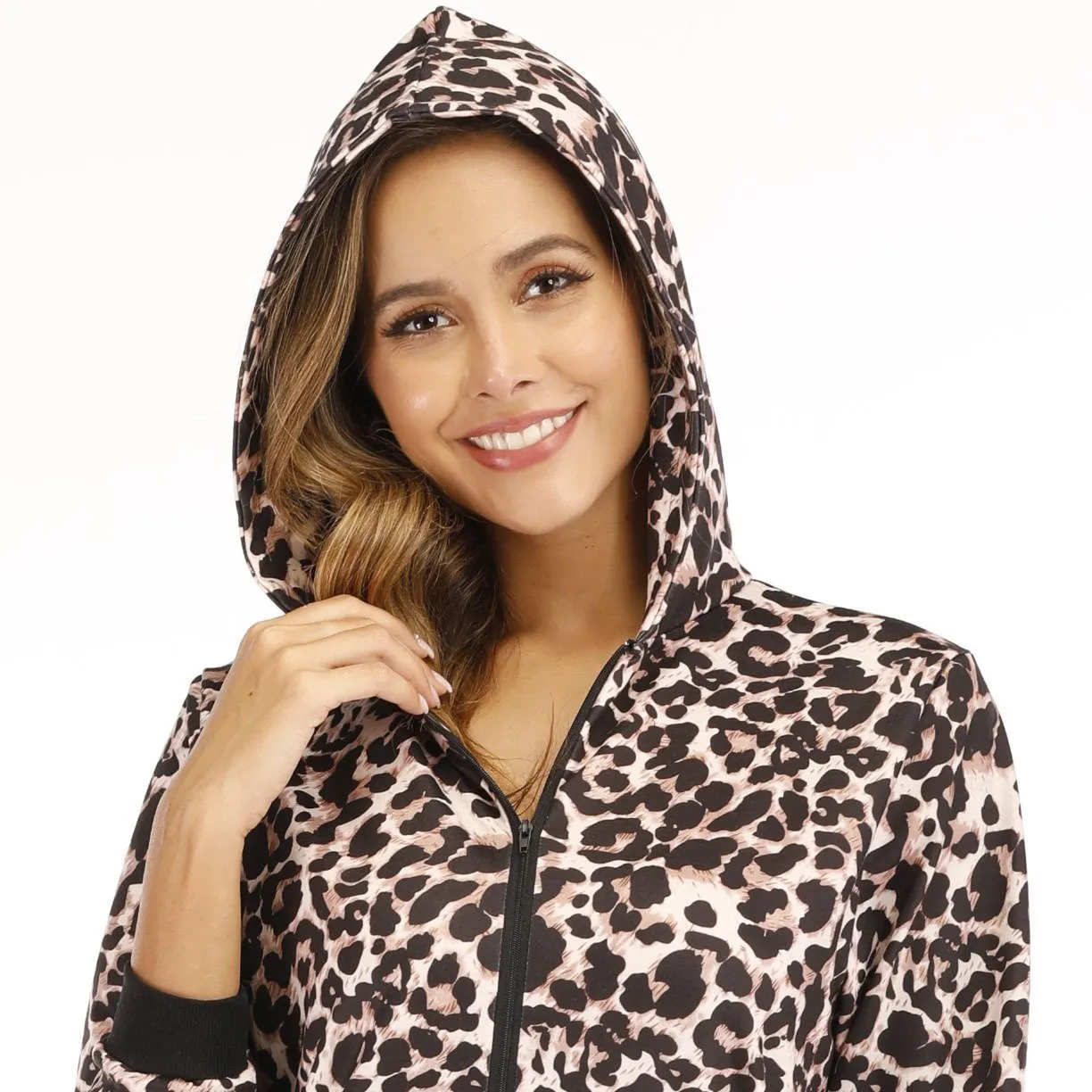 Women's Pajamas Coral Fleece Christmas leopard Onesie Hooded Jumpsuit Pajamas for Adult
