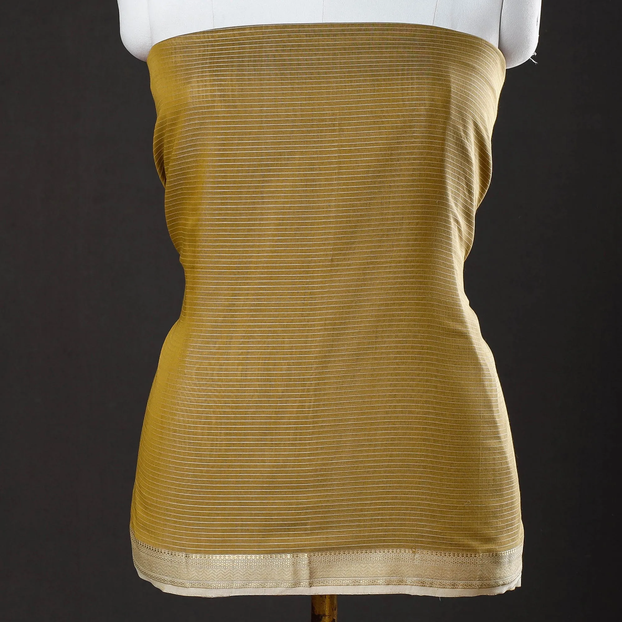 Yellow - 2pc Maheshwari Silk Cotton Handloom Stripe Suit Material Set with Zari Border