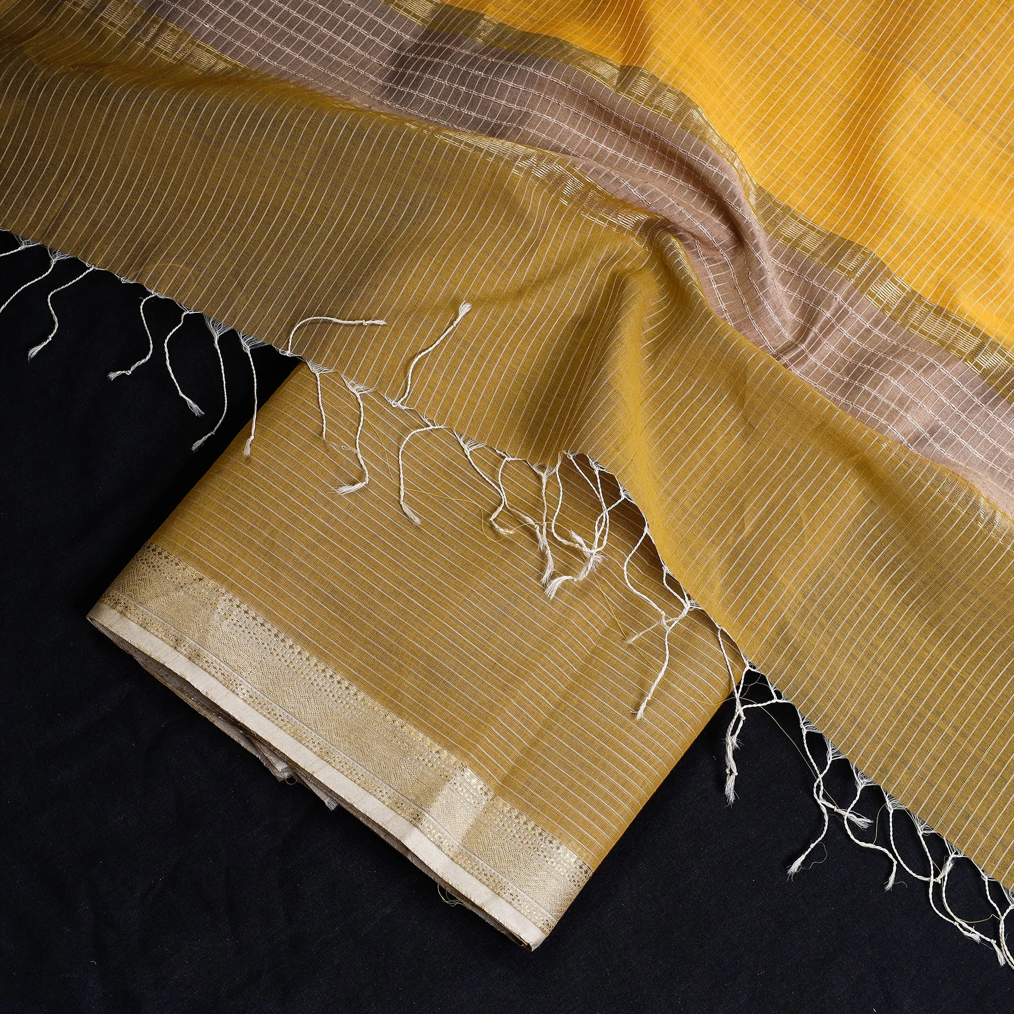 Yellow - 2pc Maheshwari Silk Cotton Handloom Stripe Suit Material Set with Zari Border